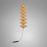 Yuyun S/7L/I pendant light with seven stacked satin beige cotton thread shades, aluminium and steel frame, integrated warm white LED, shown lit against a plain grey background.