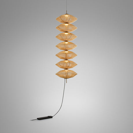 Yuyun S/7L/I pendant light with seven stacked satin beige cotton thread shades, aluminium and steel frame, integrated warm white LED, shown lit against a plain grey background.