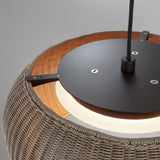Close-up of the Perris S/47 Globe LED Outdoor Pendant Light showing the matte black canopy, integrated LED ring, and beige woven synthetic fibre shade with metal mounting brackets.