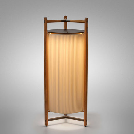 Kando P/111/R rechargeable floor lamp with a tall pleated cream ribbon shade in an open wooden frame, dark top disc, three slim legs, on a plain grey background.