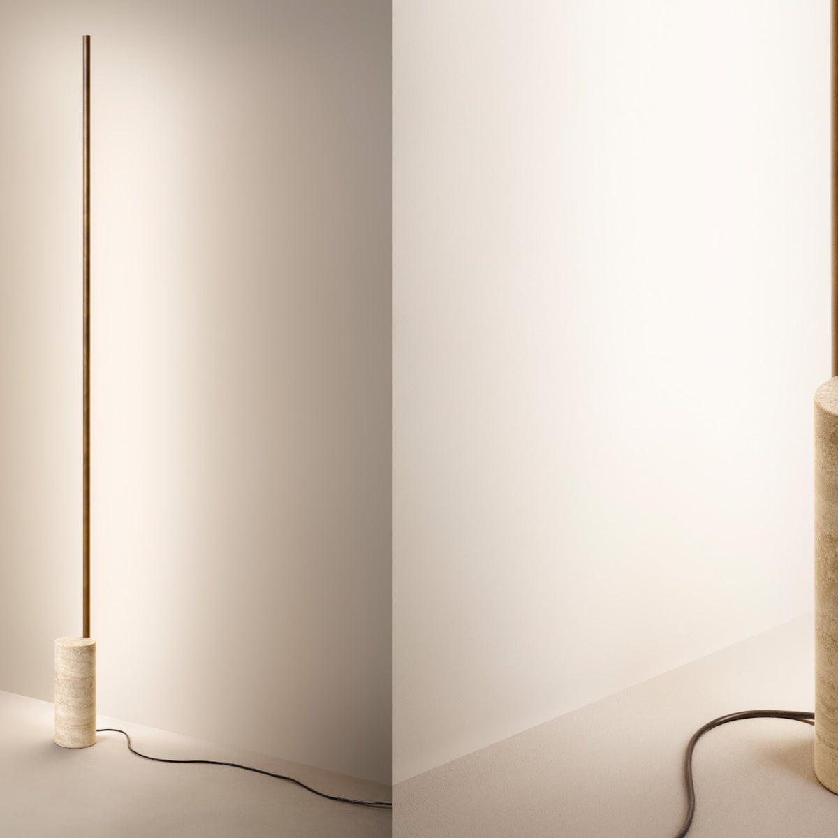 Hilow Line Travertine LED floor lamp with a slim brass-toned aluminium rod rising from a round travertine base, shown against a plain light wall.