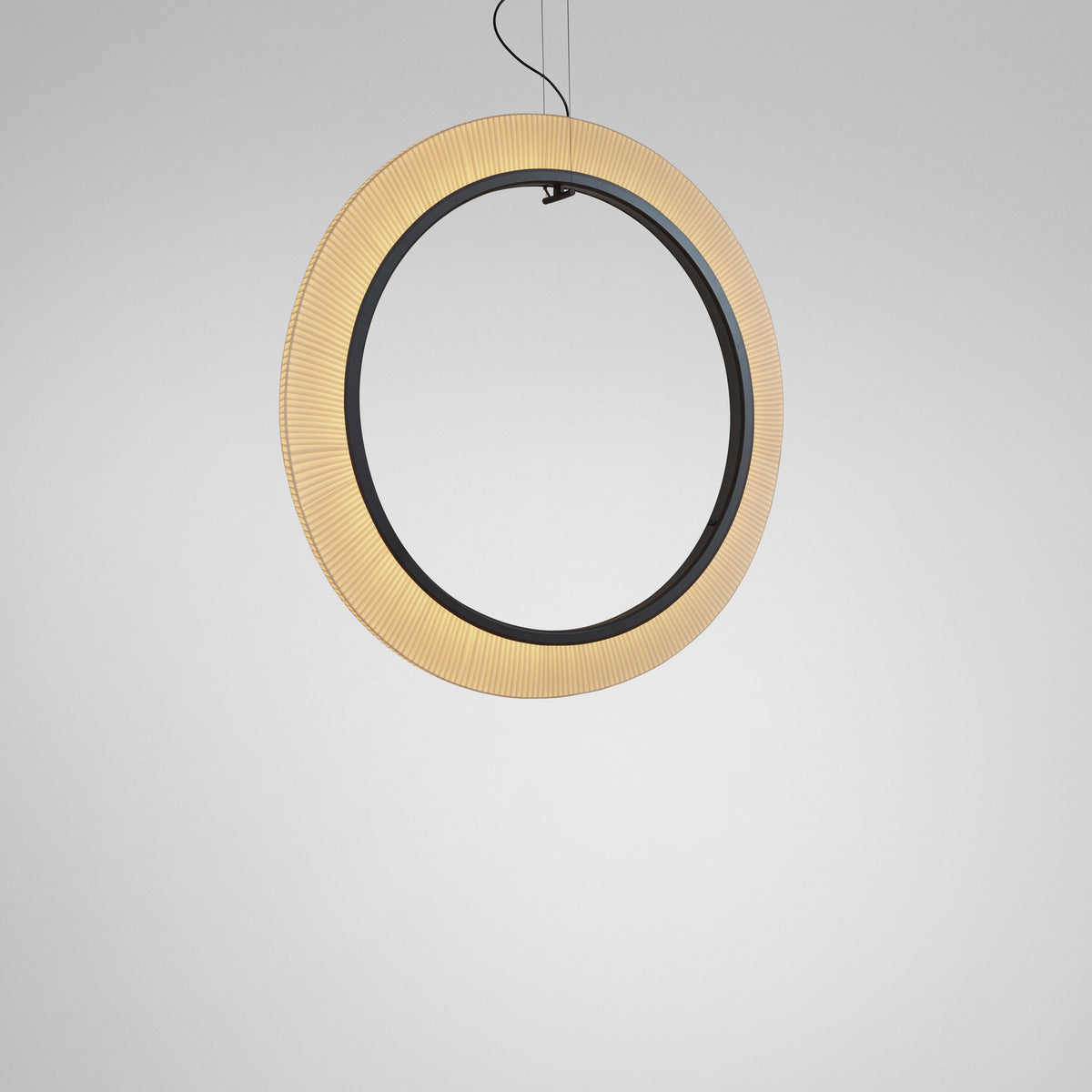 Roda S/120/V Ribbon Ring LED pendant light, a large circular white pleated fabric ring around a black inner frame, hanging from thin cables against a plain light grey background.
