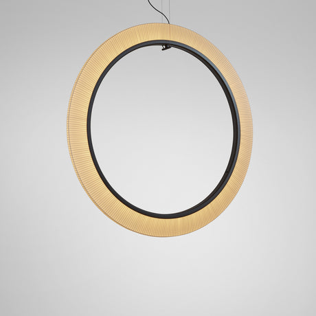Roda S/150/V Ribbon Ring LED Pendant Light in Cream, a large circular fixture with pleated translucent ribbon shade around a dark inner ring, hung vertically against a plain grey background.
