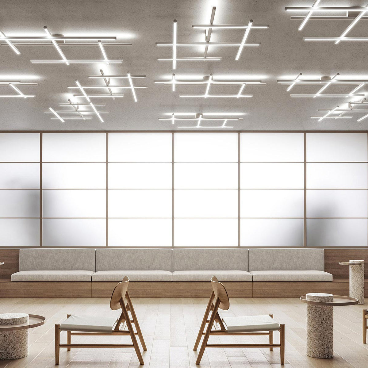 Hilow White Diffuser Frame LED ceiling light with multiple linear fixtures arranged in crossed grid patterns on a concrete ceiling above a modern seating area.