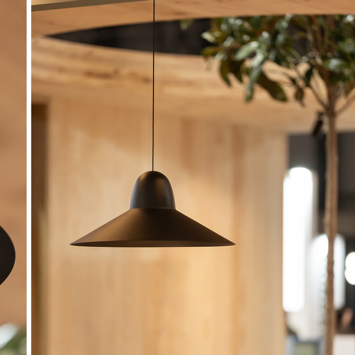 Speers SR L pendant light in black, wide shallow cone shade with rounded dome top, hung on a slim cable in a wood-panelled interior near greenery.