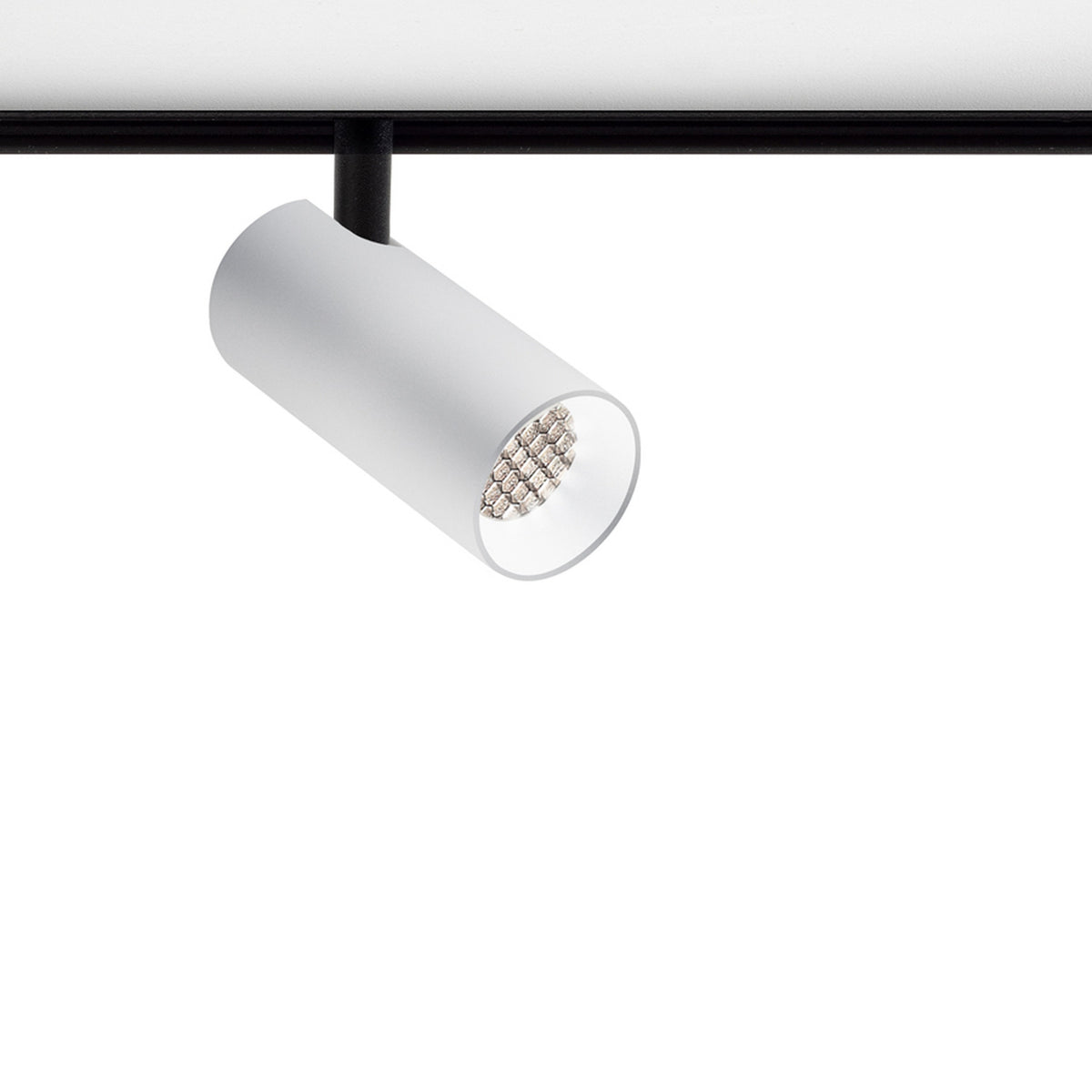 Street 3 Aluminium LED Track Spotlight in white, a slim cylindrical head on a short stem mounted to a black track, shown against a plain white background.