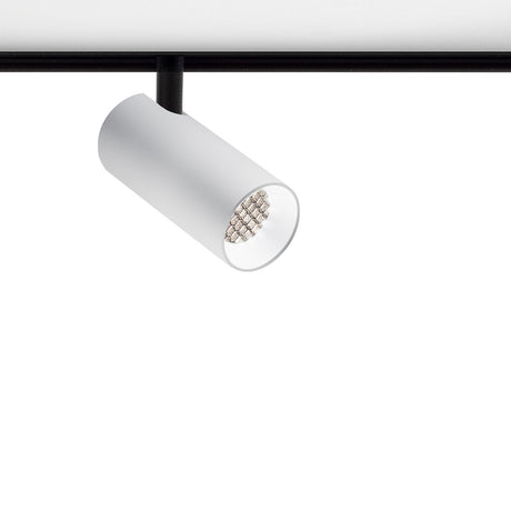 Street 3 Aluminium LED Track Spotlight in white, a slim cylindrical head on a short stem mounted to a black track, shown against a plain white background.