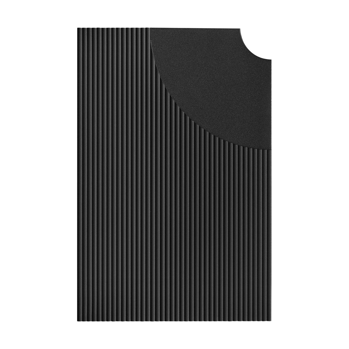 Arid Wall Light Tile in Textured Black, an aluminium panel with fine vertical ribs and a smooth curved cutout in one corner, shown on a plain white background.