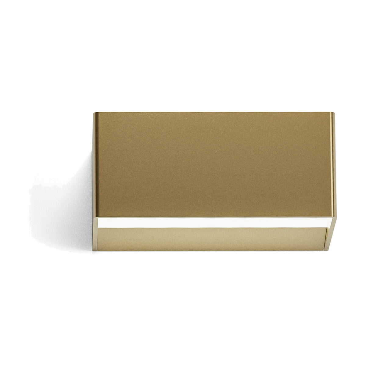 Toy S LED Wall Light, a compact rectangular wall fixture in brushed brass with a slim illuminated strip along its lower edge, shown on a plain white background.