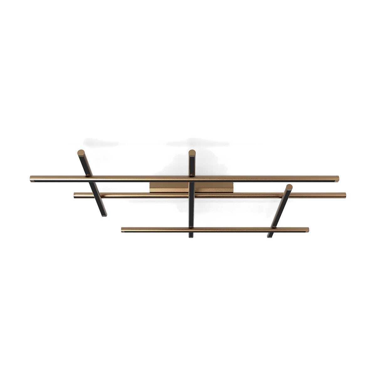Hilow integrated LED semi-flush ceiling light with crossed long and short bars in Brushed Bronze finish and black diffusers, shown on a plain white background.