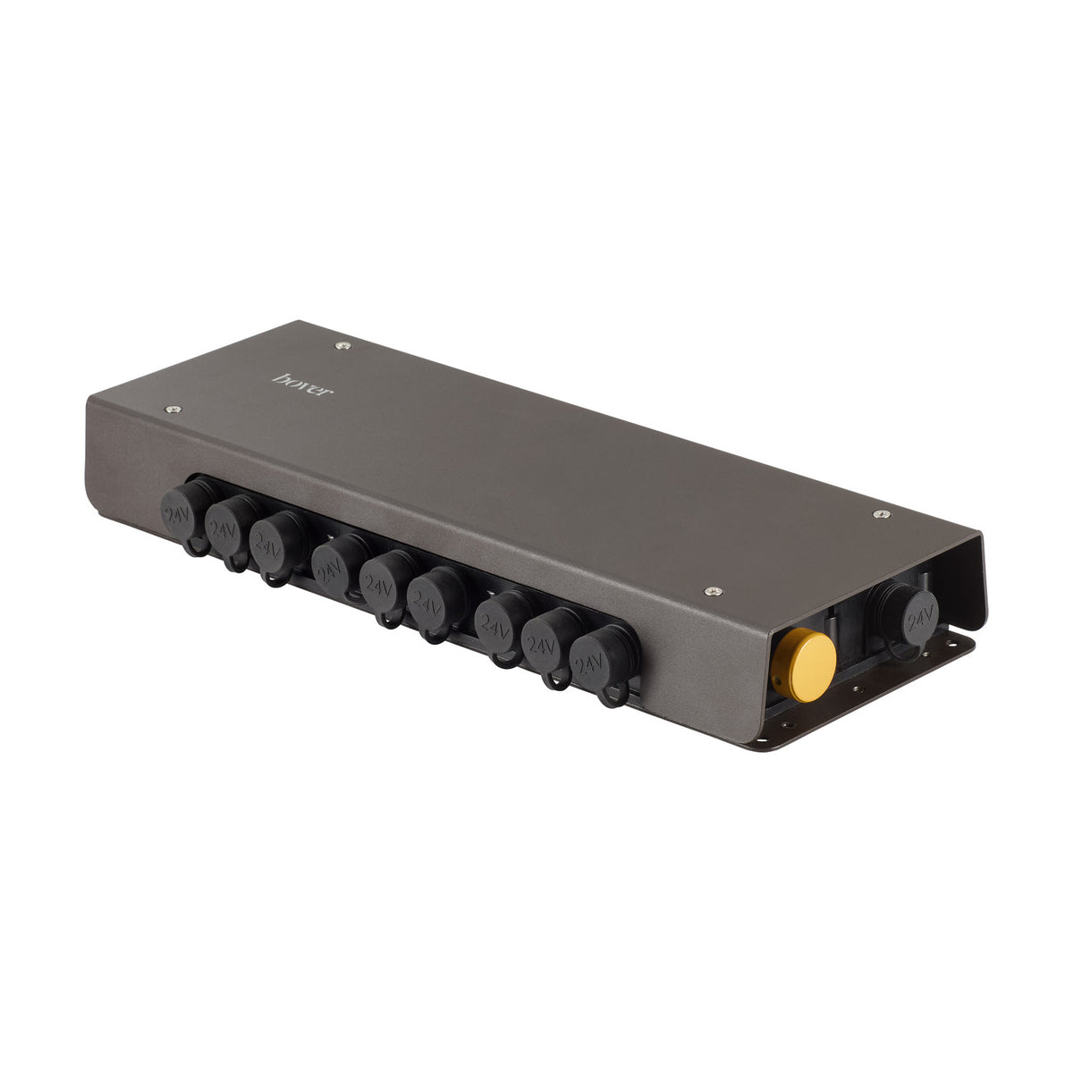 Birdie 24V Connector Box in dark bronze-grey, a long low rectangular LED driver with multiple capped 24V outlets along one side and a yellow cable port, IP65 rated, on a plain white background.