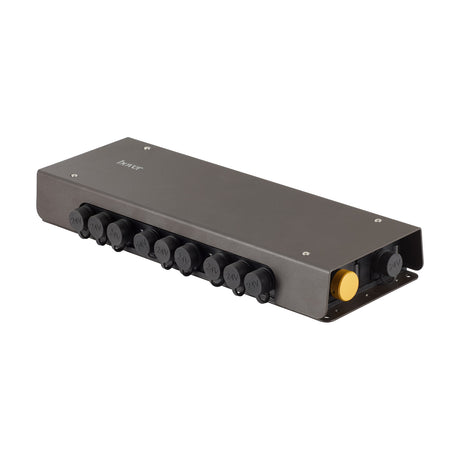 Birdie 24V Connector Box in dark bronze-grey, a long low rectangular LED driver with multiple capped 24V outlets along one side and a yellow cable port, IP65 rated, on a plain white background.