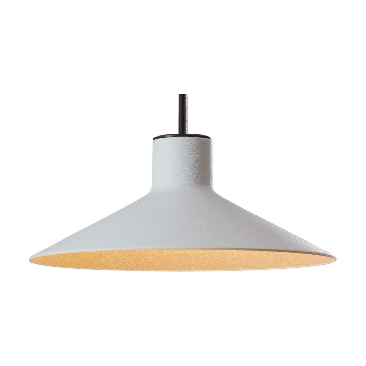 Platet S/20 pendant light with a shallow light grey cone shade and slim black cylindrical neck on a dark stem, aluminium construction, shown on a plain white background.