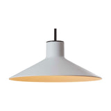 Platet S/20 pendant light with a shallow light grey cone shade and slim black cylindrical neck on a dark stem, aluminium construction, shown on a plain white background.