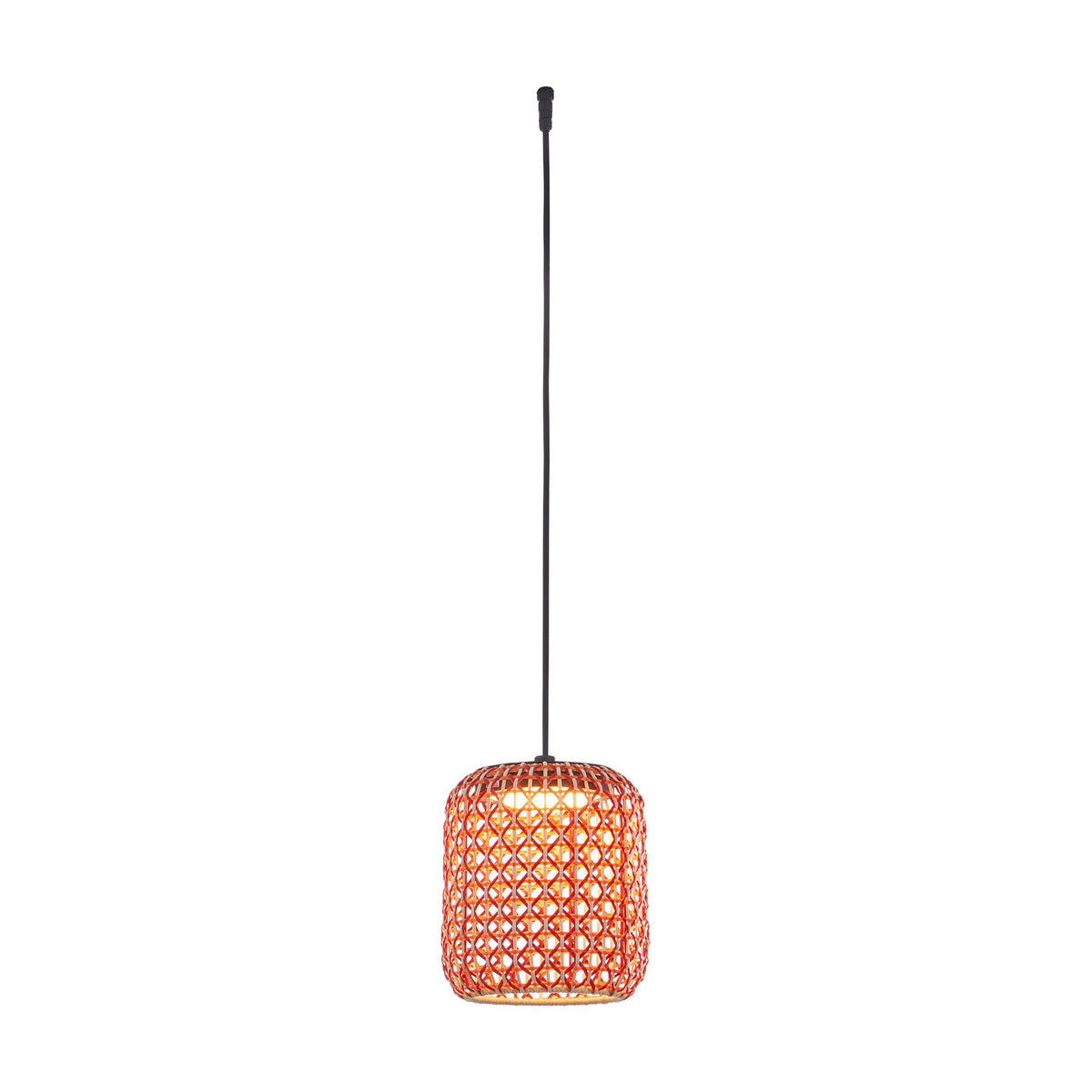 Nans S/21 Outrack pendant light with a cylindrical woven red lattice shade on a long black suspension cord, shown illuminated against a plain white background.