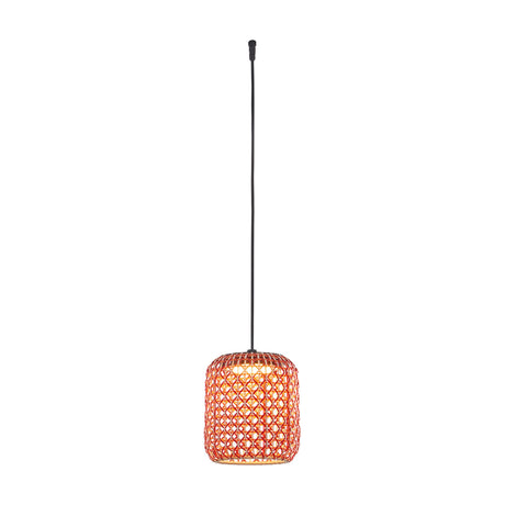 Nans S/21 Outrack pendant light with a cylindrical woven red lattice shade on a long black suspension cord, shown illuminated against a plain white background.