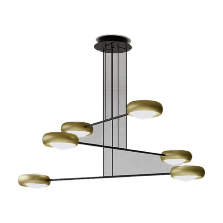 Ring S6 pendant light with black crossing bars and six round brass-finish heads with white diffusers, shown on a plain white background.