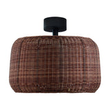 Fora PF Rattan outdoor semi-flush ceiling light with a woven Rattan Brown shade, round black canopy and short stem, shown against a plain white background.