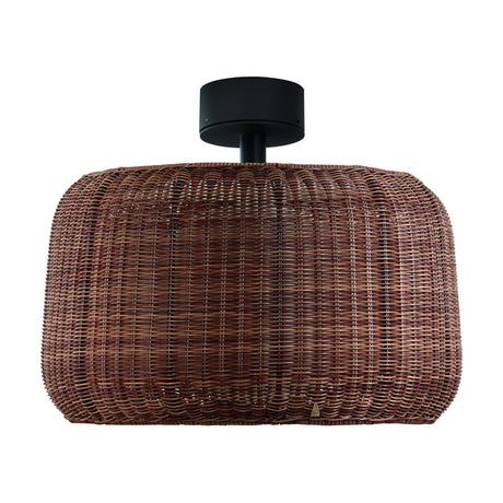 Fora PF Rattan outdoor semi-flush ceiling light with a woven Rattan Brown shade, round black canopy and short stem, shown against a plain white background.