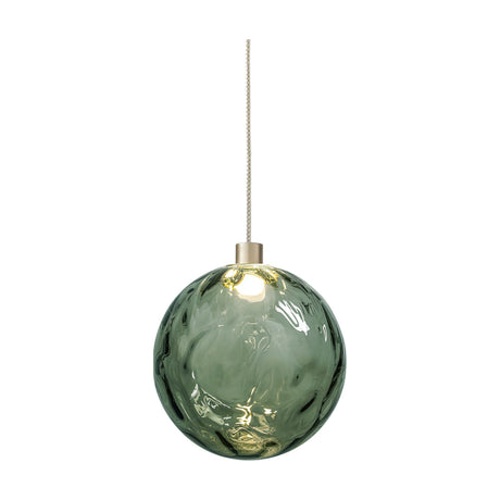 Murané pendant light with a 15cm rippled Forest Green glass sphere, integrated LED, brushed champagne cap and slim cable, shown on a plain white background.