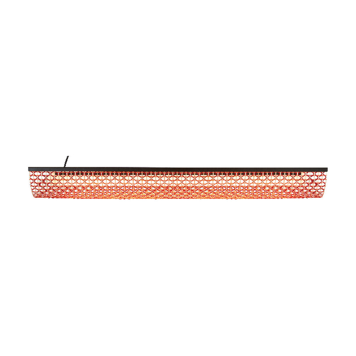 Nans Balis S/140 linear outdoor pendant light with a long woven red, orange and beige shade beneath a slim black top bar, integrated LED, shown on a plain white background.