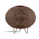 Garota P/01 Globe LED Outdoor Floor Lamp in brown, a wide woven globe shade with open top opening set on four slim metal legs, shown on a plain white background.