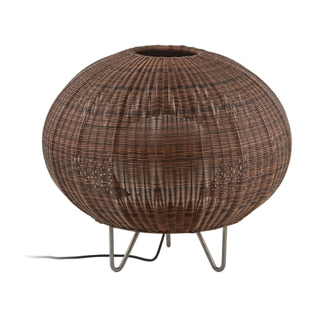 Garota P/01 Globe LED Outdoor Floor Lamp in brown, a wide woven globe shade with open top opening set on four slim metal legs, shown on a plain white background.