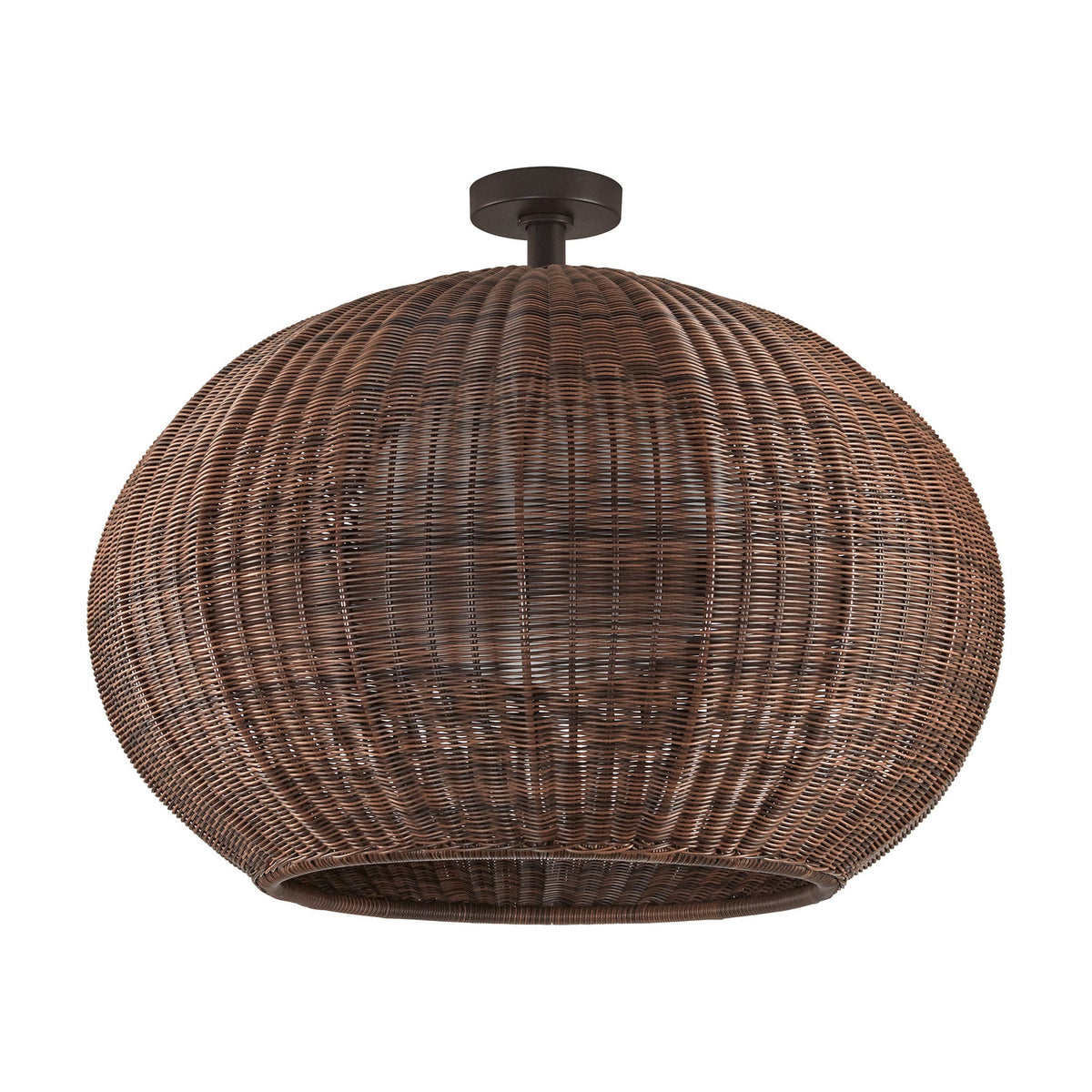 Garota PF/02 semi-flush ceiling light with a wide, rounded woven shade in brown, mounted on a short stem with a round canopy, shown against a plain white background.