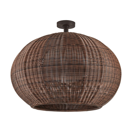Garota PF/02 semi-flush ceiling light with a wide, rounded woven shade in brown, mounted on a short stem with a round canopy, shown against a plain white background.