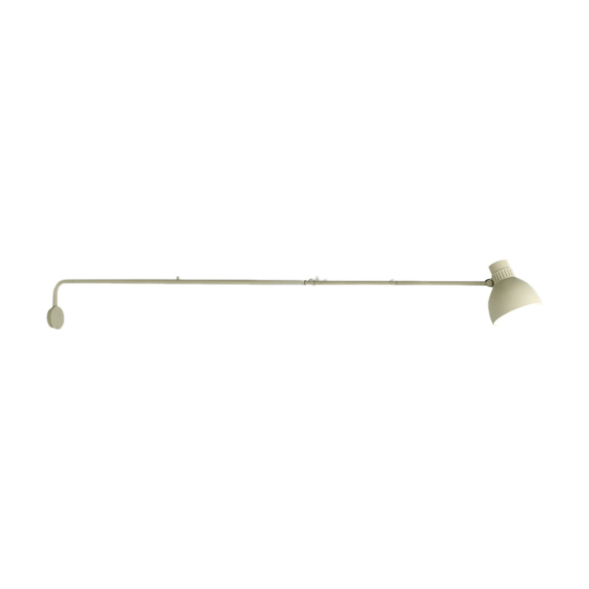 Blux W125 Plug-in wall light in beige, with a long slim arm extending from a round wall mount to a single dome shade, shown on a plain white background.