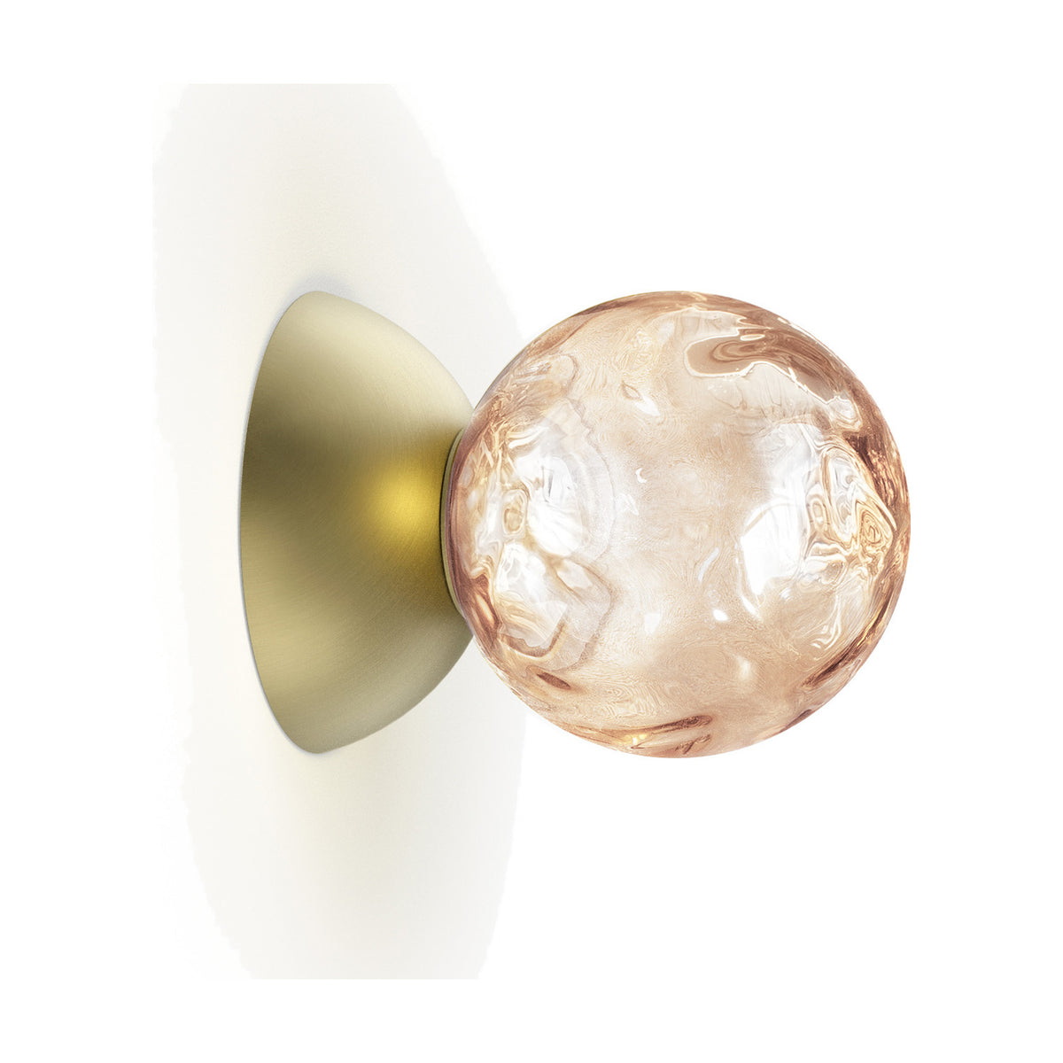 Murané wall light with a 10cm rippled pink glass sphere on a brushed champagne dome backplate, shown against a plain white background.