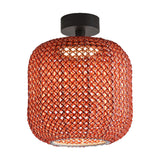 Nans PF/31 woven outdoor ceiling light with a barrel-shaped red lattice shade, integrated LED, and round graphite brown ceiling mount on a plain white background.