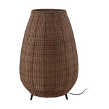 Amphora 02 Rattan LED Outdoor Floor Lamp in brown woven finish, tall amphora-shaped shade with open top, standing on three slim dark legs, shown on a plain white background.