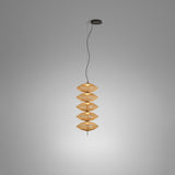 Yuyun S/5L fabric LED pendant light with five stacked beige woven cotton tiers on a slim stem, satin beige finish, shown on a plain grey background.