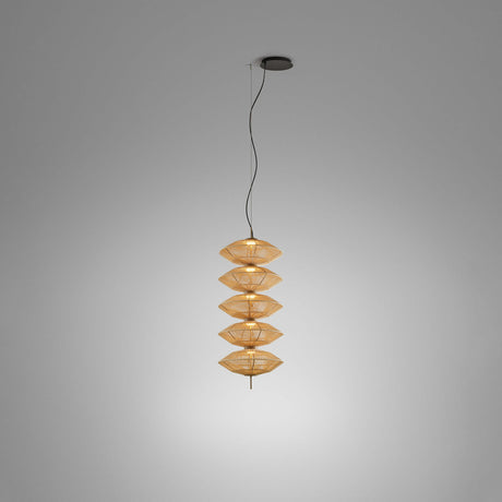 Yuyun S/5L fabric LED pendant light with five stacked beige woven cotton tiers on a slim stem, satin beige finish, shown on a plain grey background.