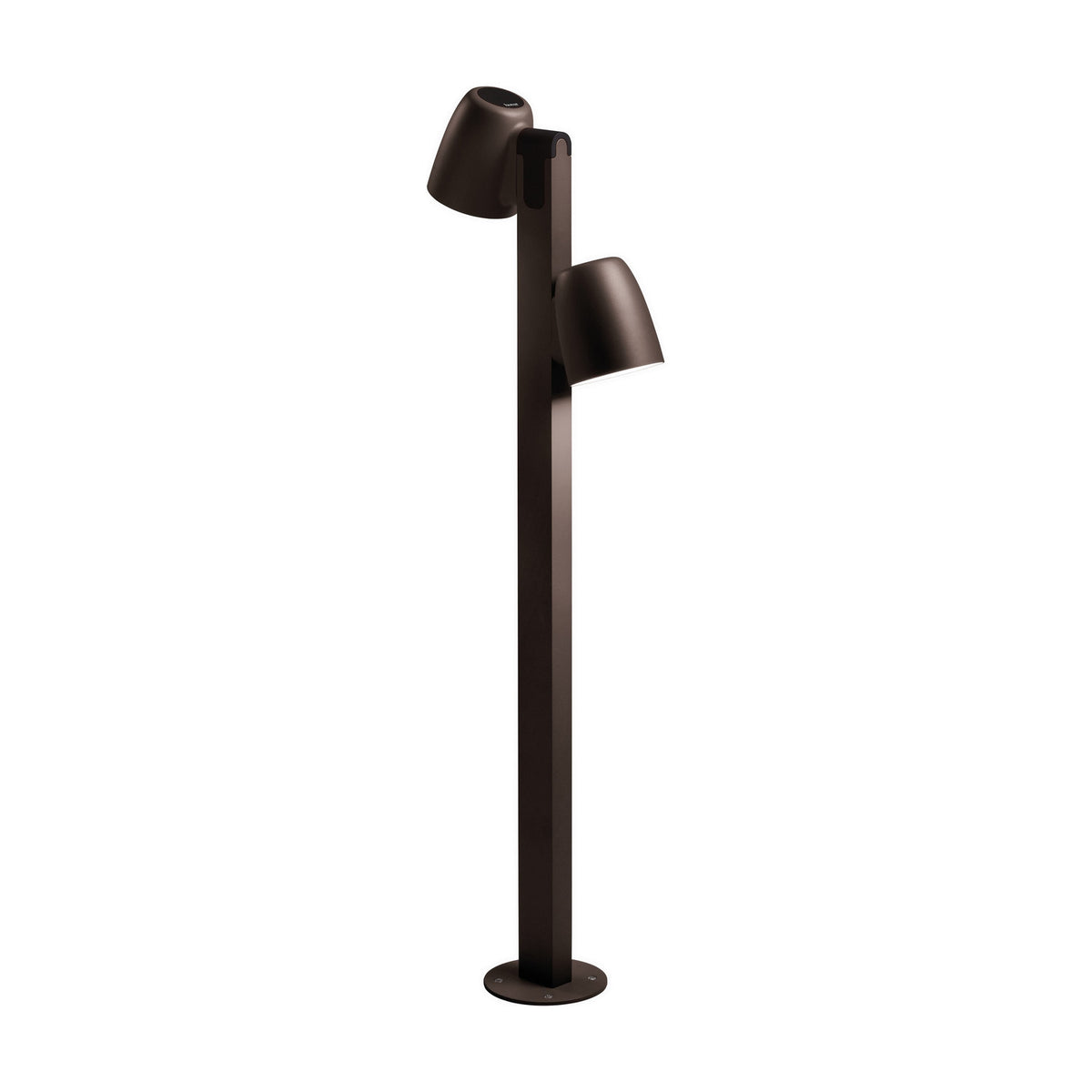 Nut B/90/2L two-light LED bollard light with cup-shaped heads at different heights on a slim square post, textured graphite brown finish, on a plain white background.