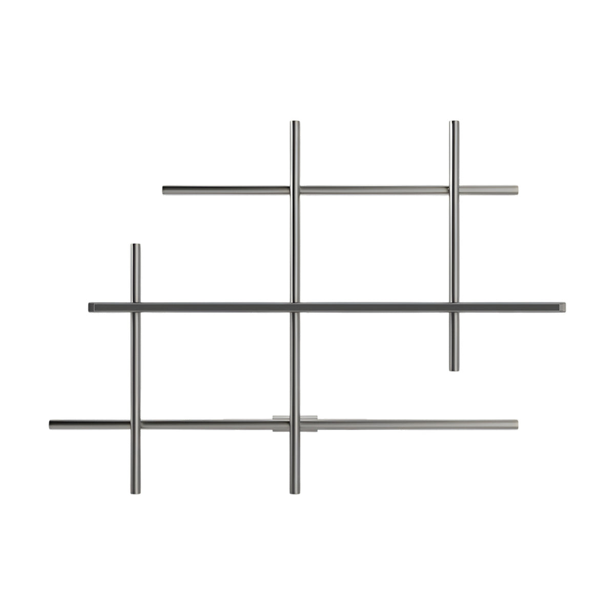Hilow LED wall light with an open lattice of brushed titanium rods crossing at right angles, one bar fitted with a black diffuser for integrated warm-white light, shown on a plain white background.