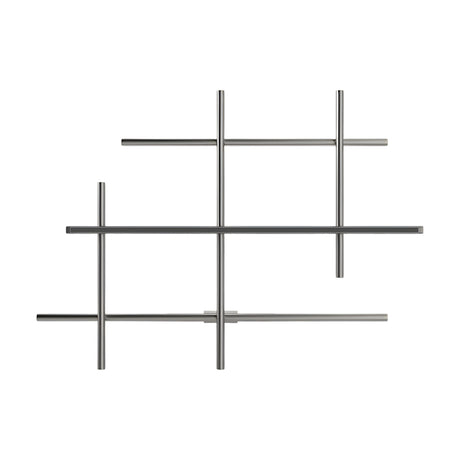 Hilow LED wall light with an open lattice of brushed titanium rods crossing at right angles, one bar fitted with a black diffuser for integrated warm-white light, shown on a plain white background.