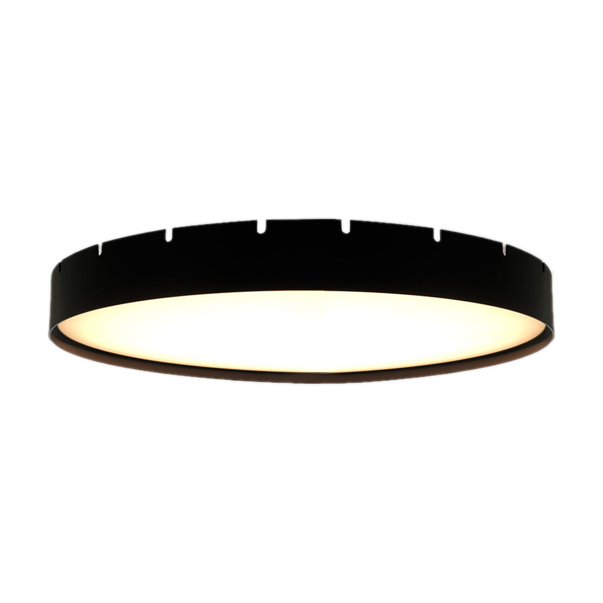 Castle C90 round LED ceiling light with black edge band, slotted top rim, and white diffuser panel glowing warm white, shown on a plain white background.