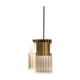 SIS Spot SR 36° LED pendant light with a brass cylindrical head and ribbed glass diffuser on a black cord, shown on a plain white background.