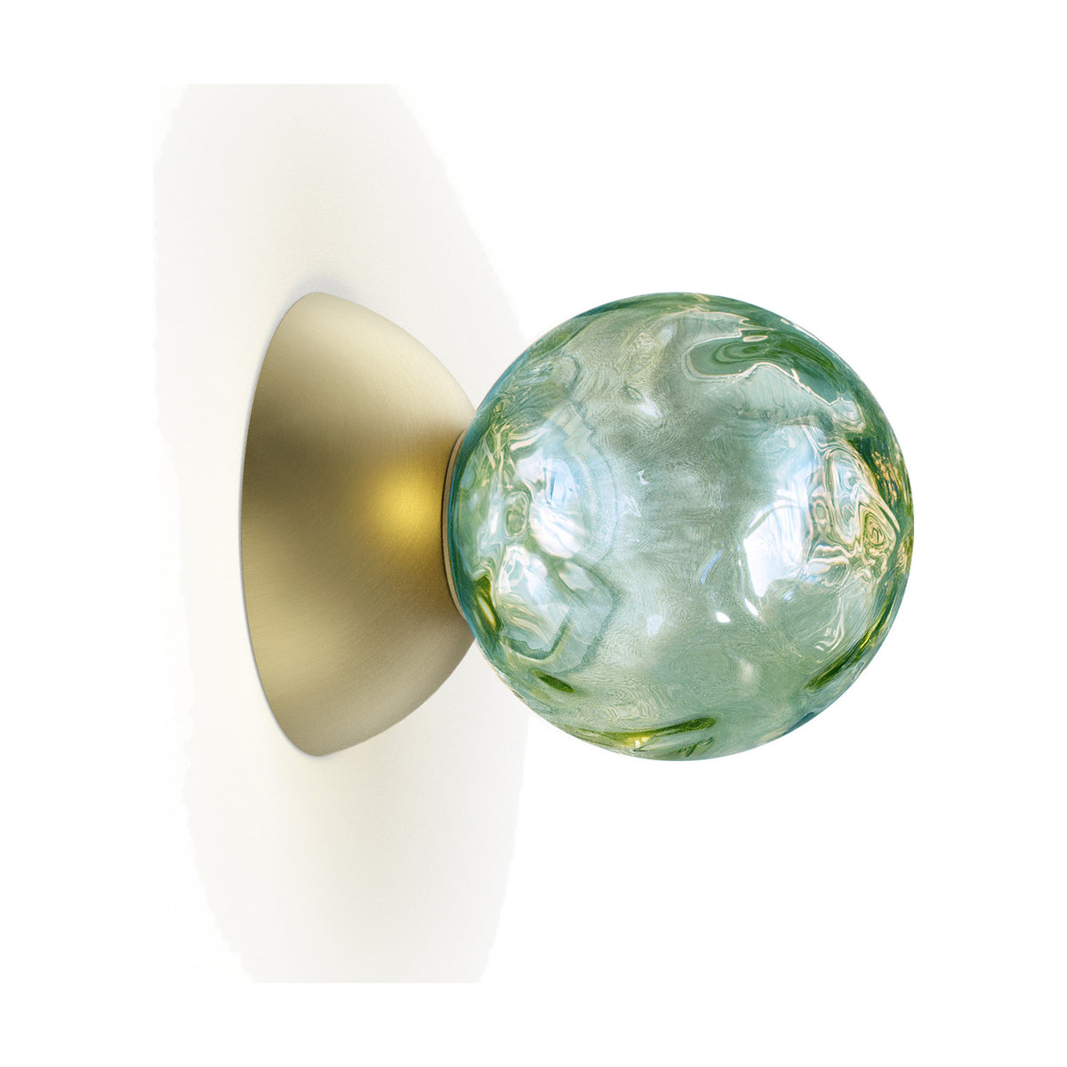 Murané wall and ceiling light with a 10cm rippled Forest Green glass sphere on a brushed champagne dome backplate, shown on a plain white background.
