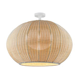 Garota PF/02 semi-flush ceiling light with a wide, flattened woven globe shade in ivory white, mounted on a short stem with round white canopy, shown on a plain white background.