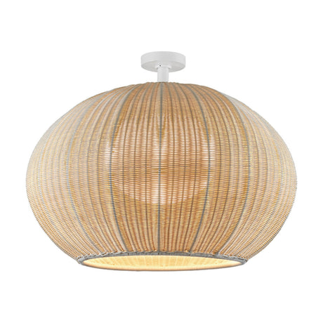 Garota PF/02 semi-flush ceiling light with a wide, flattened woven globe shade in ivory white, mounted on a short stem with round white canopy, shown on a plain white background.