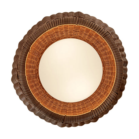 Round wall mirror with a scalloped-edge woven brown rattan outer frame, a tan wicker inner frame, and a plain mirrored centre, shown against a white background.