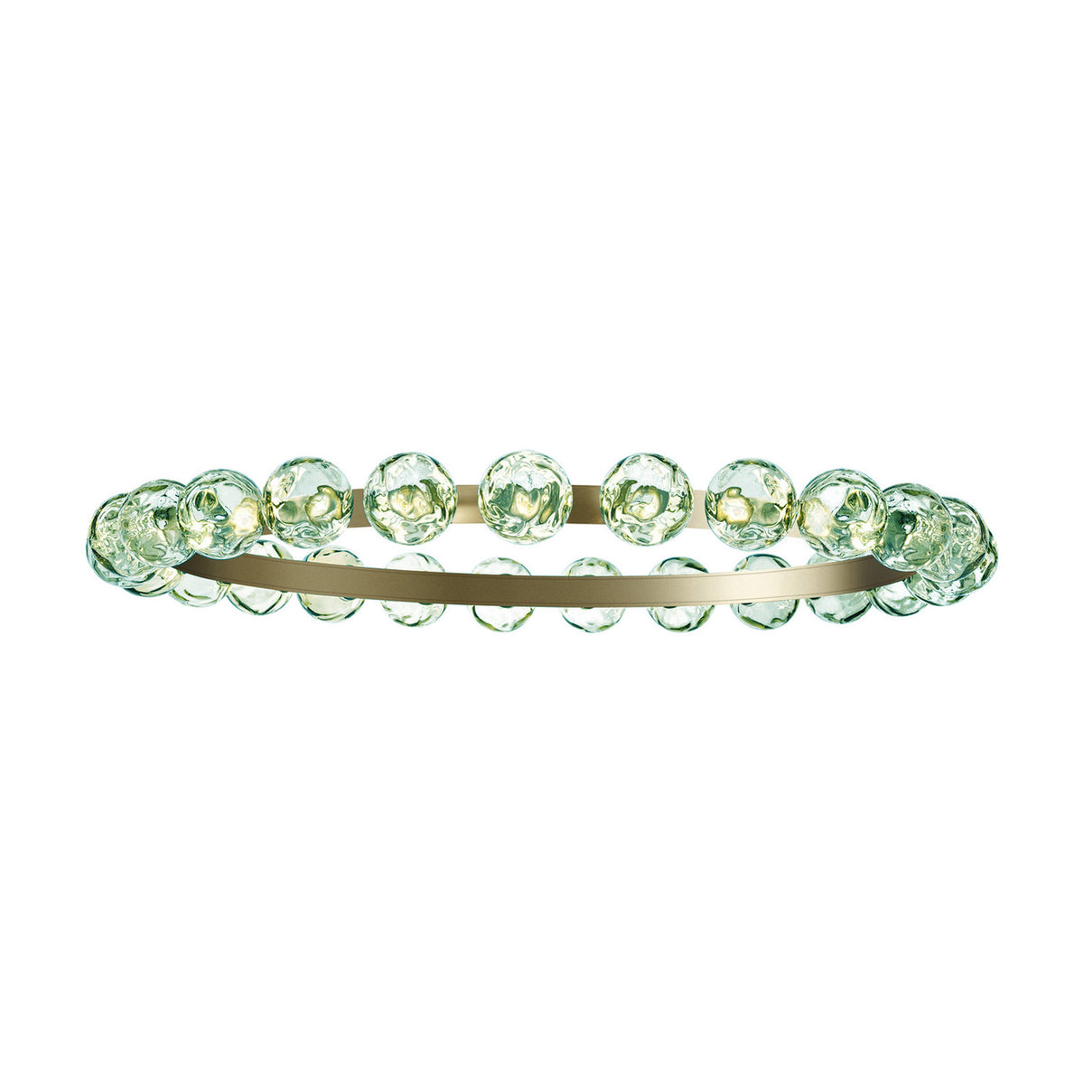 Murané R 25 ring chandelier with a Brushed Champagne finish hoop set with Forest Green glass spheres and integrated LED lighting, shown on a plain white background.