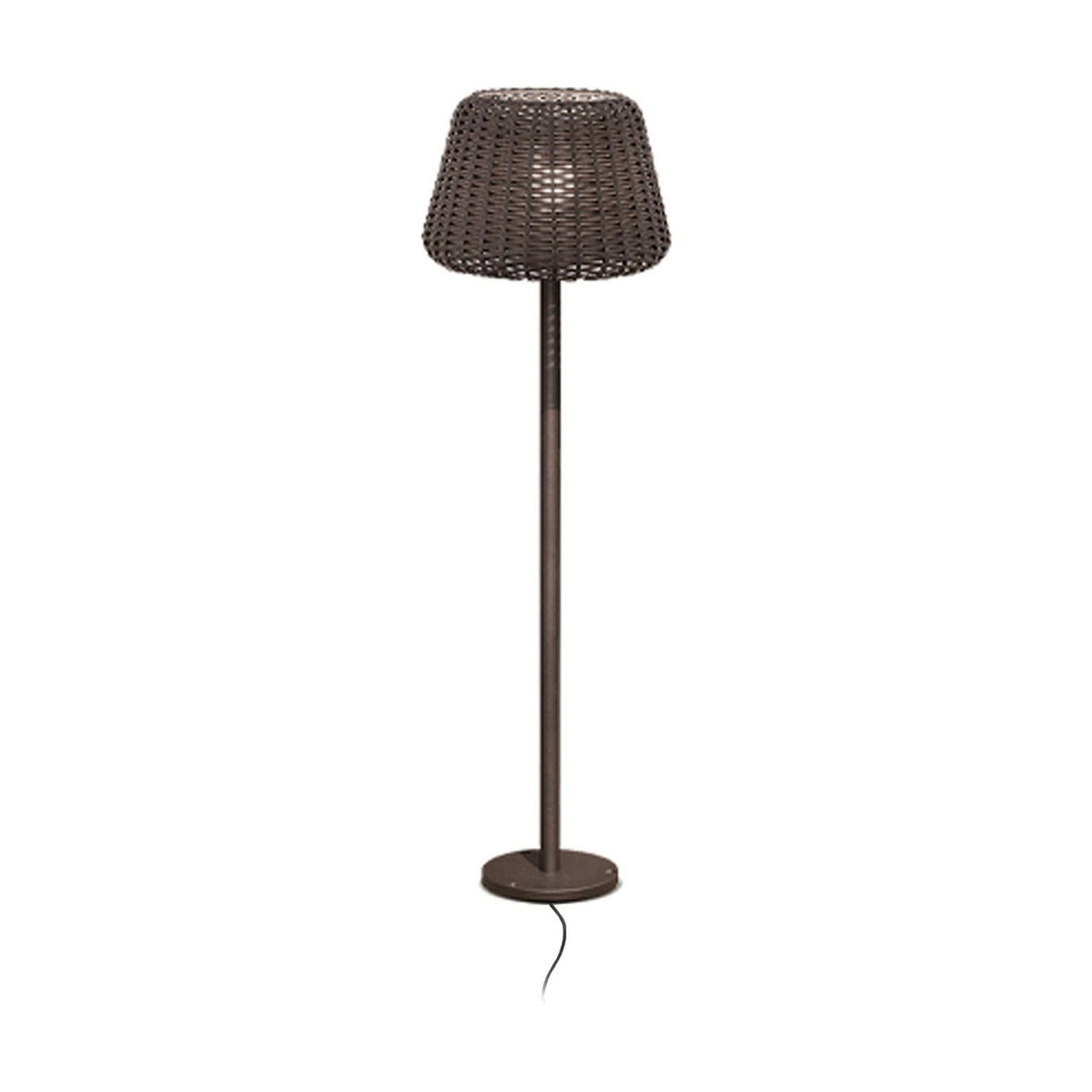 Ralph 35 outdoor floor lamp with woven drum shade, slim pole and round disc base in Metallic Brown, shown on a plain white background.
