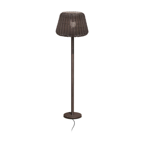 Ralph 35 outdoor floor lamp with woven drum shade, slim pole and round disc base in Metallic Brown, shown on a plain white background.