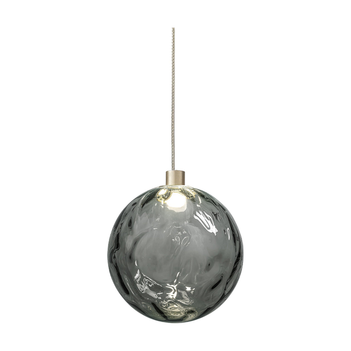 Murané pendant light with a 15cm rippled Smoke Grey glass sphere, Brushed Champagne cylinder mount, integrated LED, and slim cable on a plain white background.