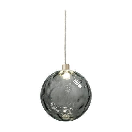 Murané pendant light with a 15cm rippled Smoke Grey glass sphere, Brushed Champagne cylinder mount, integrated LED, and slim cable on a plain white background.