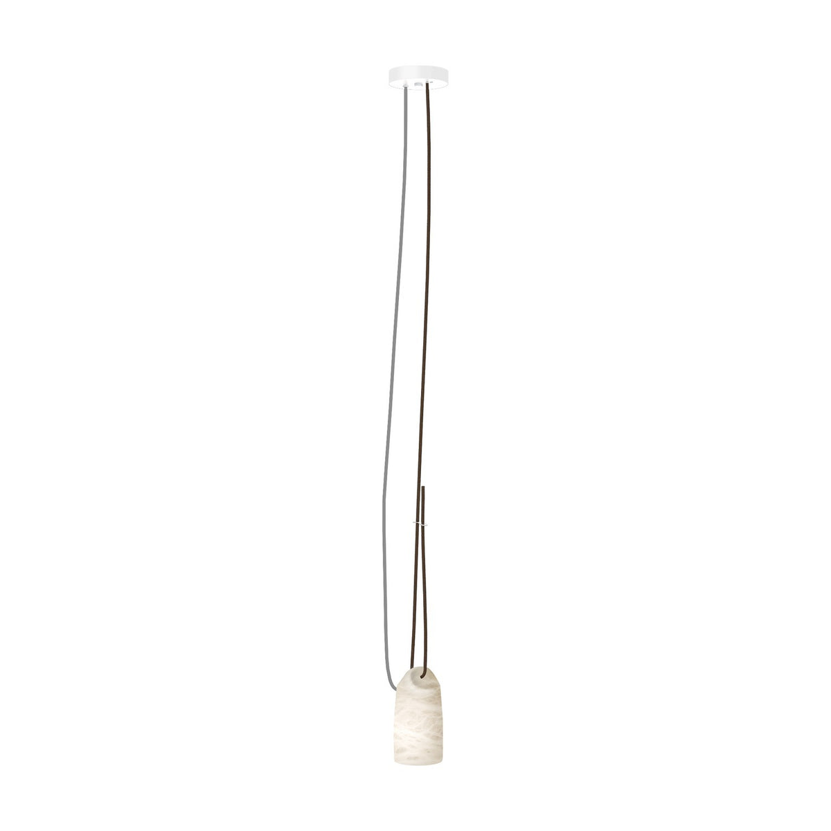 Paros Alabaster Pendant Light in white with a small tapered alabaster shade featuring grey veining, hung from a round white ceiling canopy on a long cord.